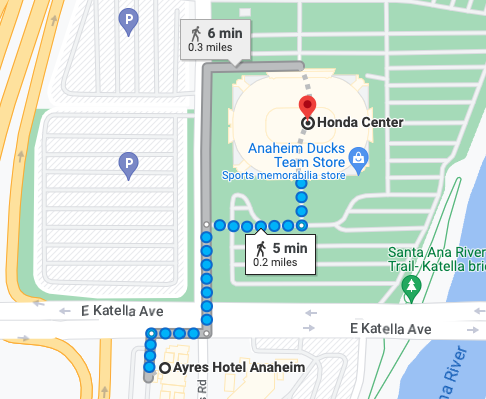 Map of Ayres Hotel Anaheim to Honda Center
