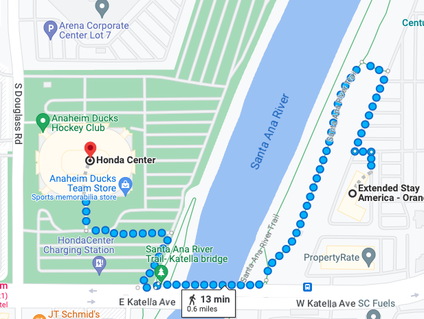 Map of Extended Stay America to Honda Center