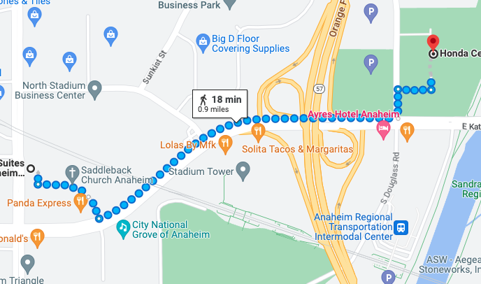 Map of TownePlace Suites by Marriott to Honda Center