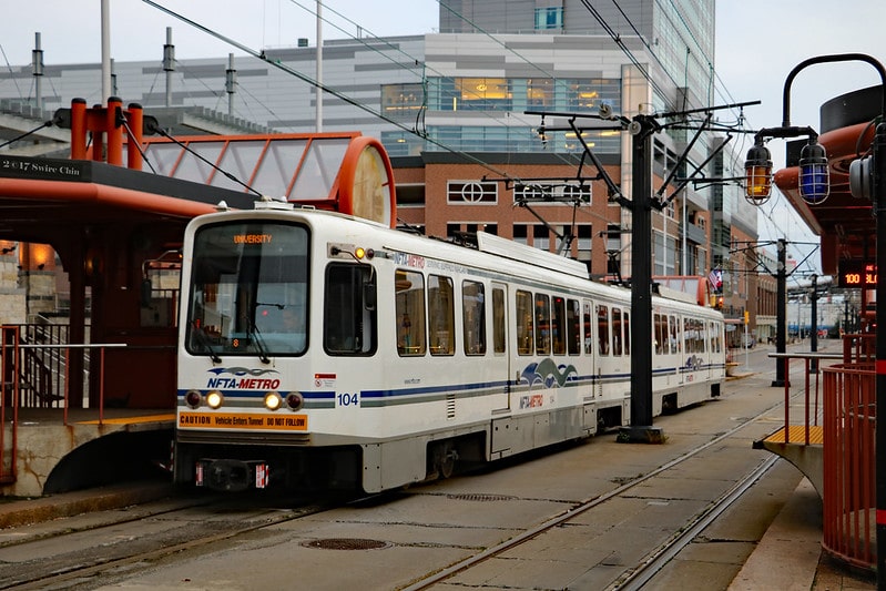 KeyBank Center parking can often be stressful to the point of taking public transportation (as pictured here with Buffalo's NFTA-Metro rail) instead.