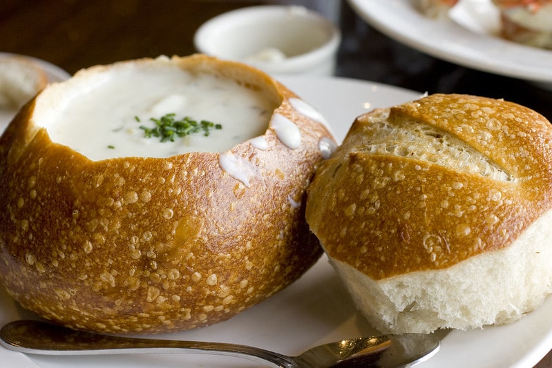 TD Garden food wouldn't be complete without clam chowder, shown here in a roll of sourdough bread