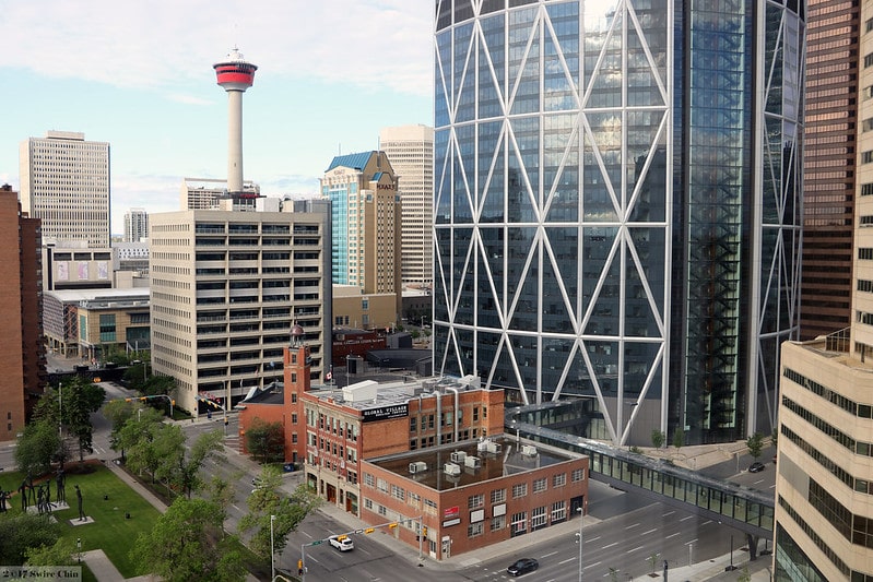 Hotels near Scotiabank Saddledome can often feature stunning views of downtown with, often, Calgary Tower in full view as shown here.